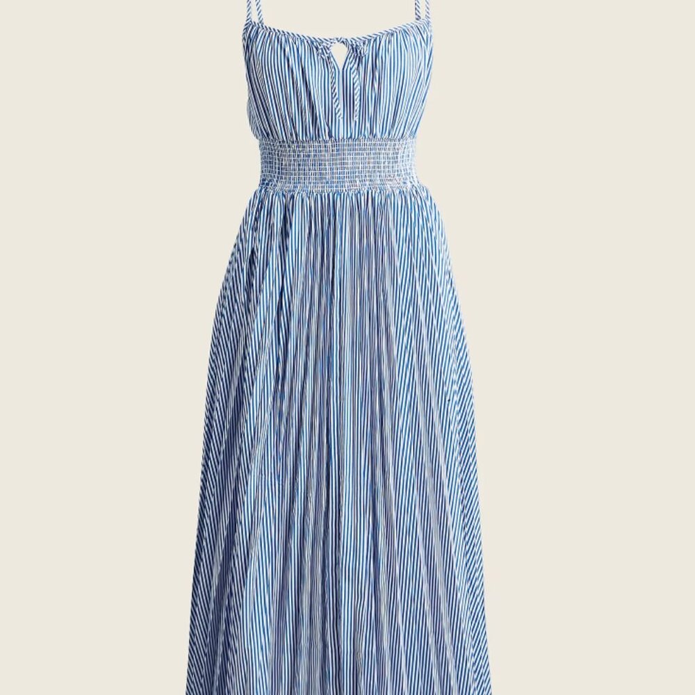 J. Crew Smocked-waist pleated dress in Banker Blue Stripe